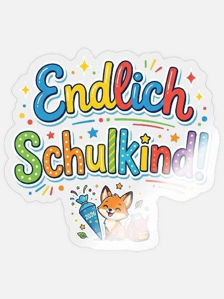 Endlich Schulkind 2026 - Fuchs bunte Einschulung - Sticker Größe S (10 x 10 cm) - Transparent glänzend