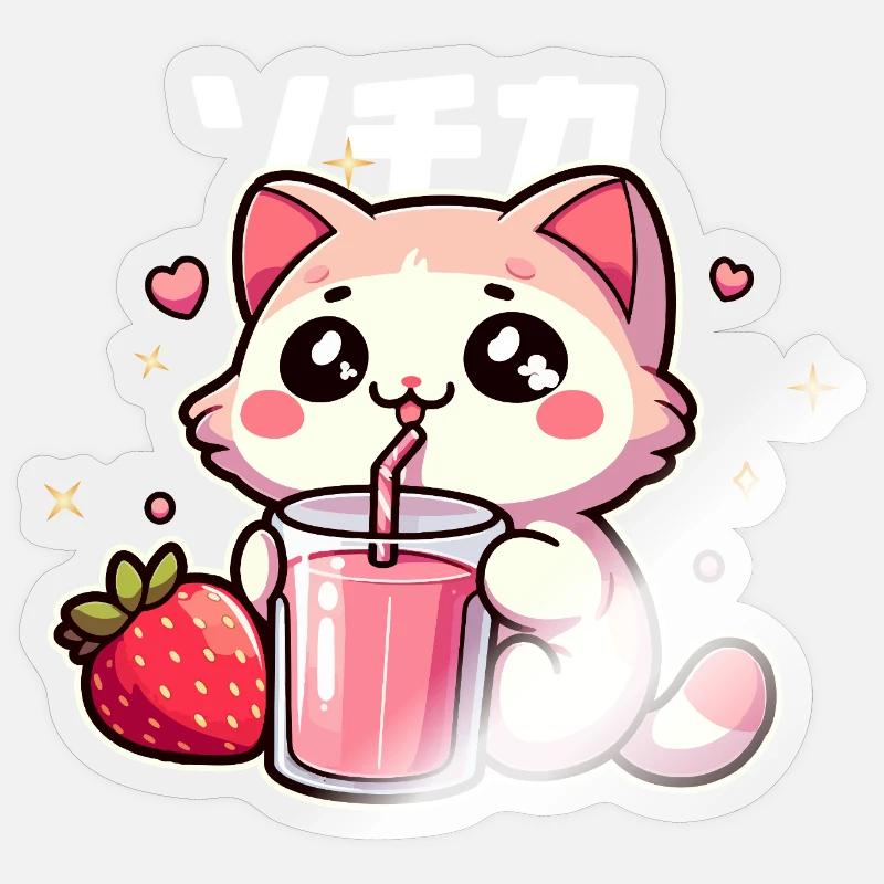 Kawaii kitten drinking strawberry smoothie - Sticker size S (10 x 10 cm) - transparent glossy