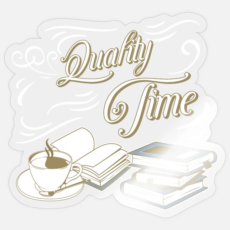 Quality Time Kaffee und Bücher - Sticker Größe S (10 x 10 cm) - Transparent glänzend
