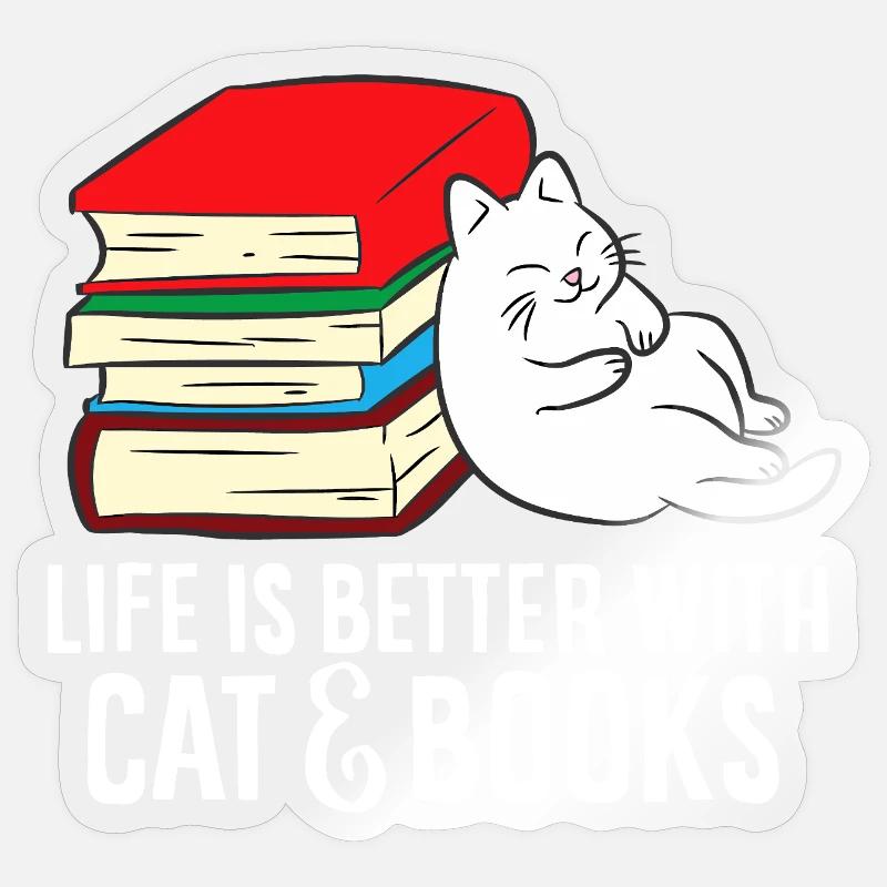 Cat and Books Cozy Stack Sticker size S (10 x 10 cm)