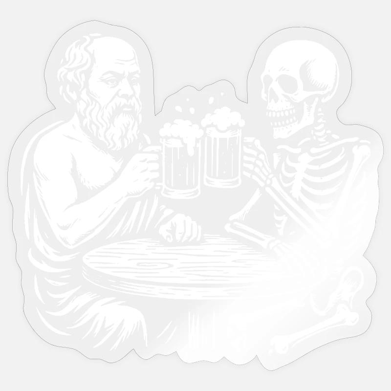 Socrates drinking beer with skeleton - Sticker size S (10 x 10 cm) - transparent glossy