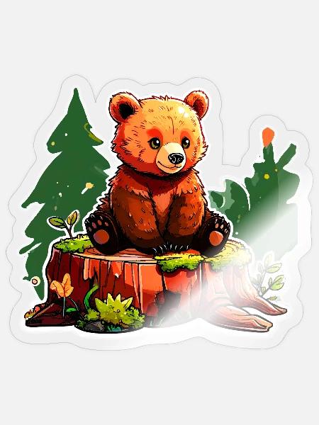 Ein kleiner Bär hockt auf einem Baumstumpf - Sticker Größe S (10 x 10 cm) - Transparent glänzend