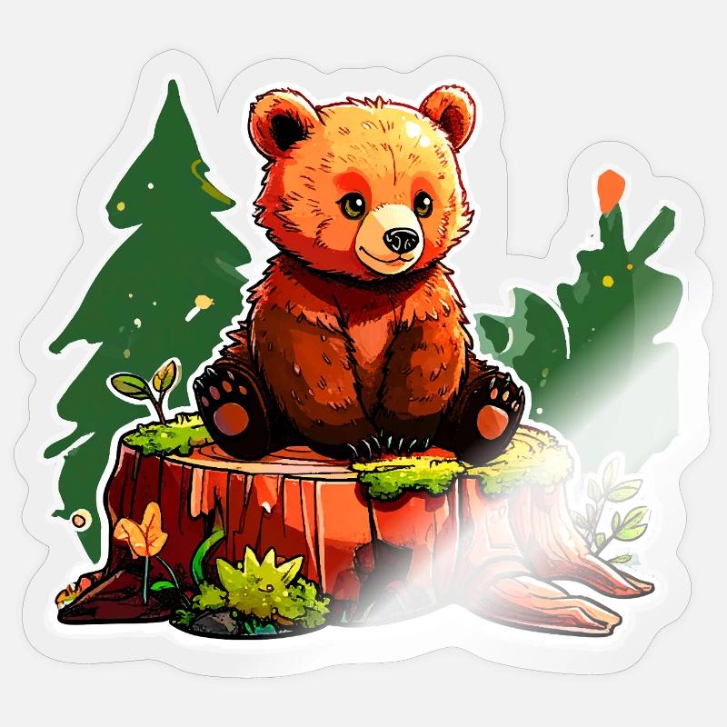 Ein kleiner Bär hockt auf einem Baumstumpf - Sticker Größe S (10 x 10 cm) - Transparent glänzend