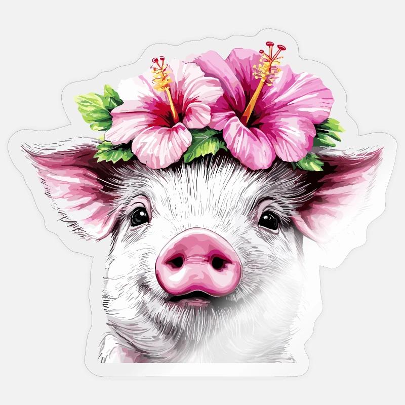 Hibiscus Crown Pig - Sticker size S (10 x 10 cm) - transparent glossy