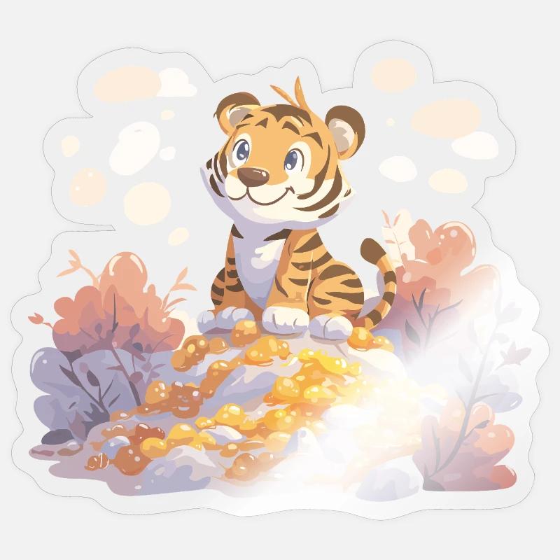 Tigerjunge auf Goldschatz im Herbstwald - Sticker Größe S (10 x 10 cm) - Transparent glänzend