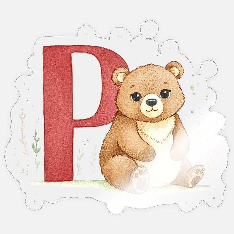 Bär mit Buchstabe P - Sticker Größe S (10 x 10 cm) - Transparent glänzend