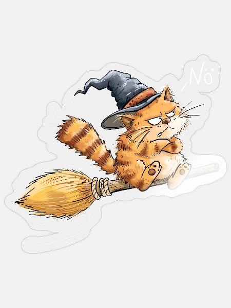 Hexenkatze Besen Halloween Katze Tierhumor Cartoon - Sticker Größe S (10 x 10 cm) - Transparent glänzend