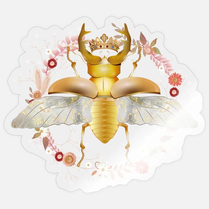 goldfarbener Hirschkäfer mit Krone und Blüten - Sticker Größe S (10 x 10 cm) - Transparent glänzend