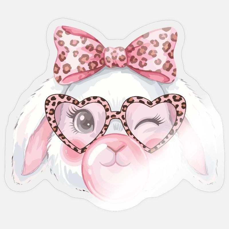 Leopard Glasses Easter Bunny with Pink Bow Sticker size S (10 x 10 cm)