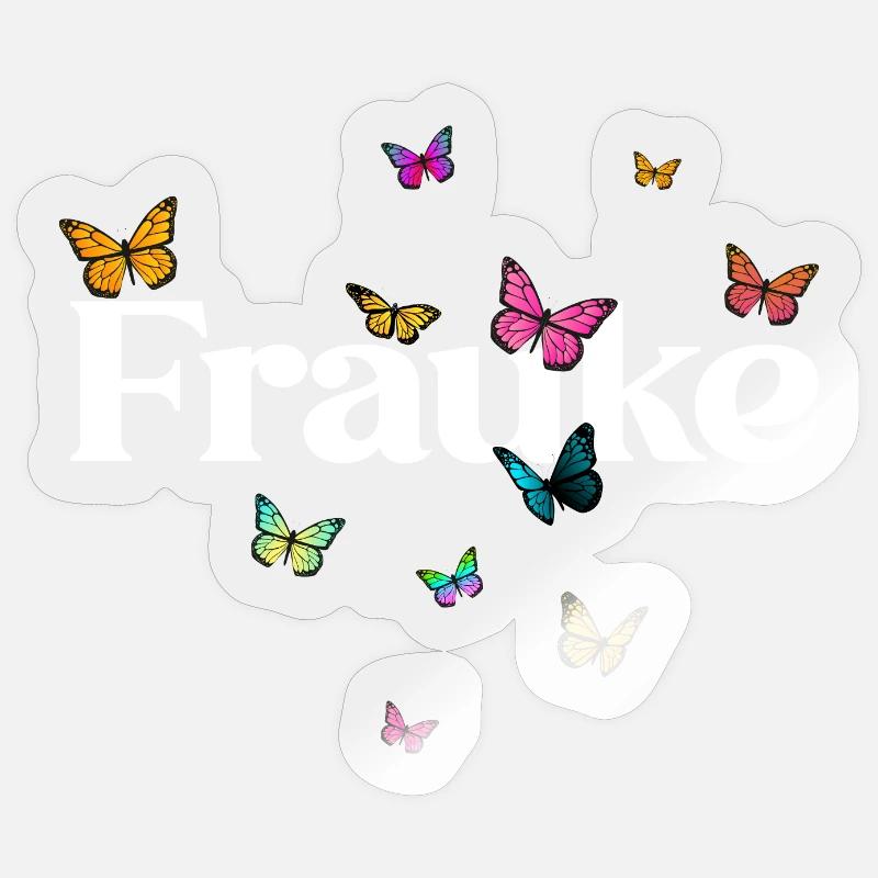 Schöner Mädchenname FRAUKE mit Schmetterlingen - Sticker Größe S (10 x 10 cm) - Transparent glänzend