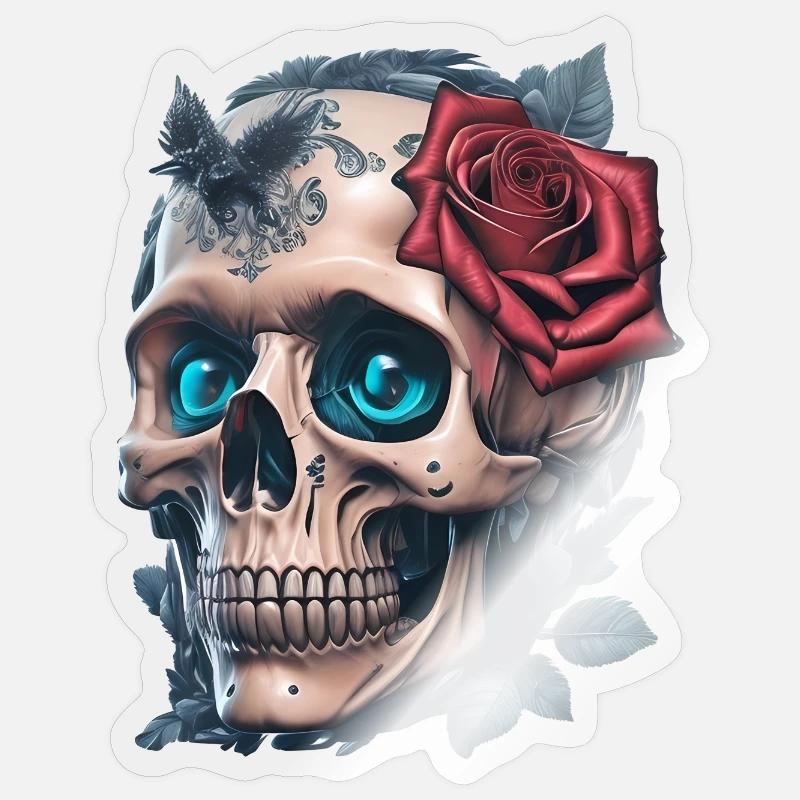Crâne avec des roses - Sticker taille S (10 x 10 cm) - brillant transparent