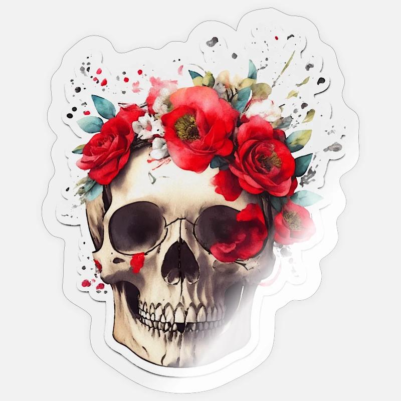 Skull with red flowers - Sticker size S (10 x 10 cm) - transparent glossy