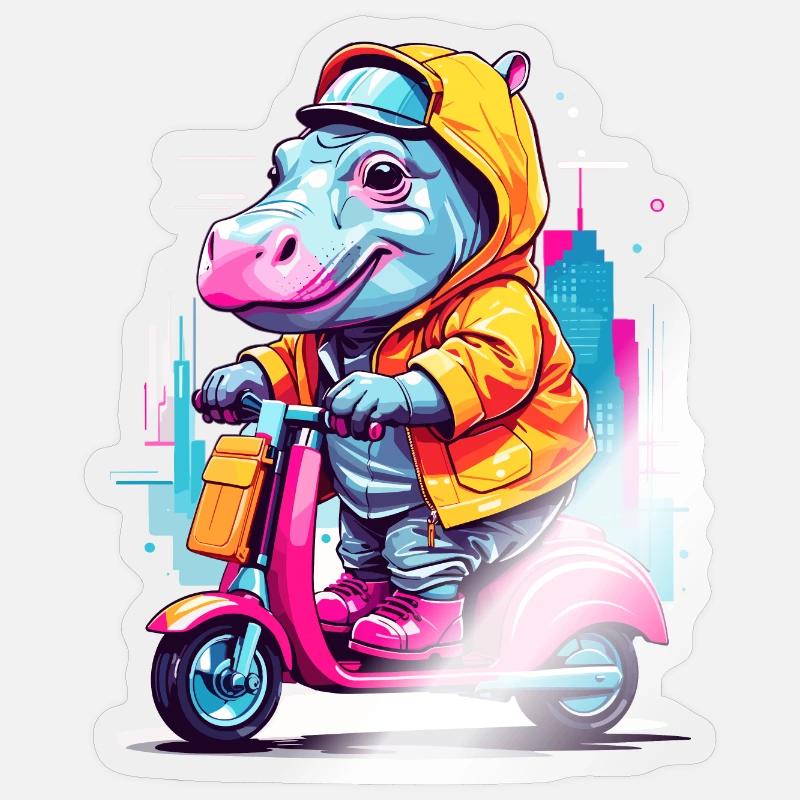 Nilpferd auf Roller - Sticker Größe S (10 x 10 cm) - Transparent glänzend