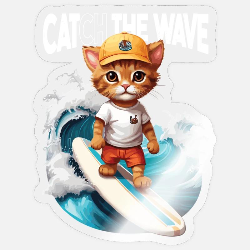 Chat Surfeur Attrape la Vague - Sticker taille S (10 x 10 cm) - brillant transparent