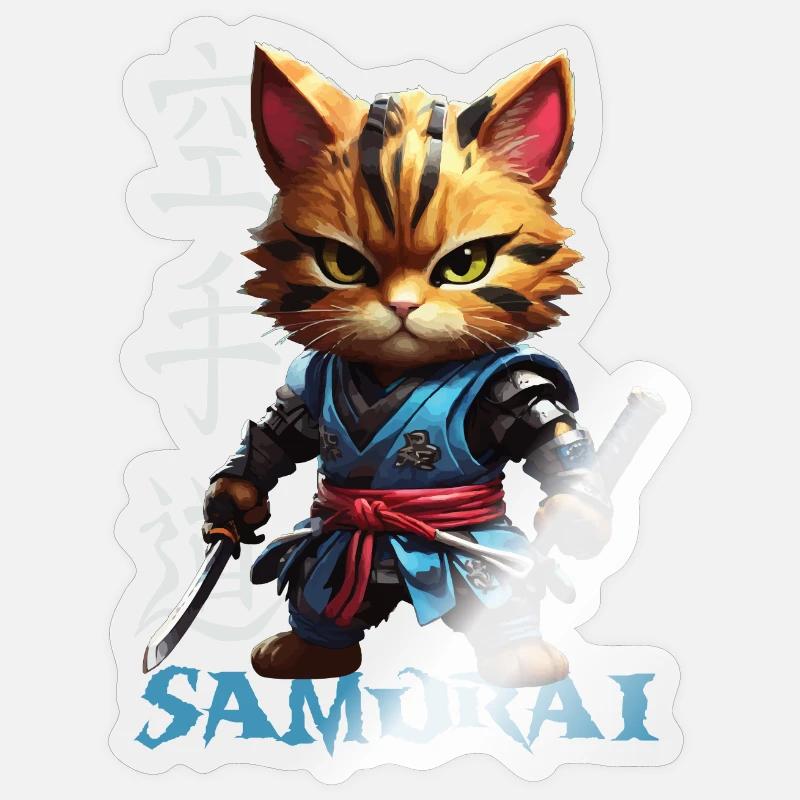 Chat samouraï - Sticker taille S (10 x 10 cm) - brillant transparent
