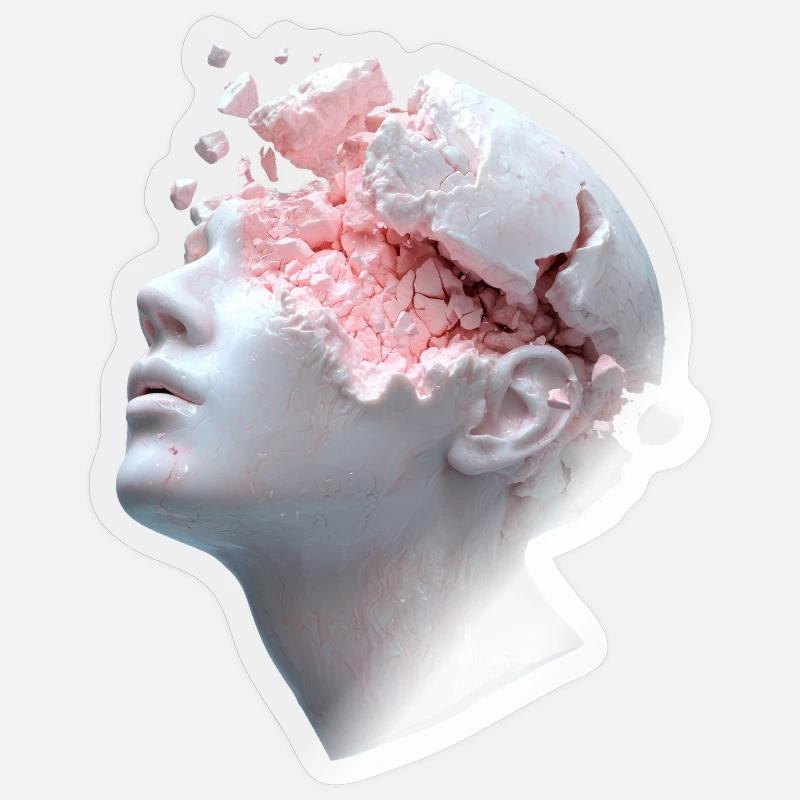 Zerfallender Kopf, innere Gedanken als Trümmer - Sticker Größe S (10 x 10 cm) - Transparent glänzend