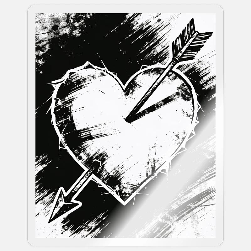 Cœur noir et blanc avec flèche - Sticker taille S (10 x 10 cm) - brillant transparent