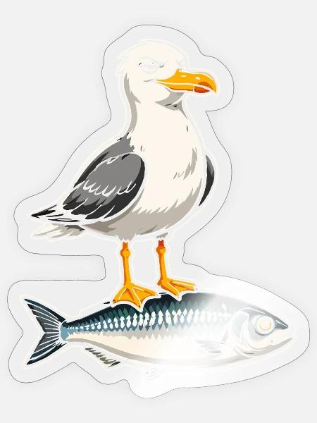 Möwe auf Forelle Cartoon - Sticker Größe S (10 x 10 cm) - Transparent glänzend
