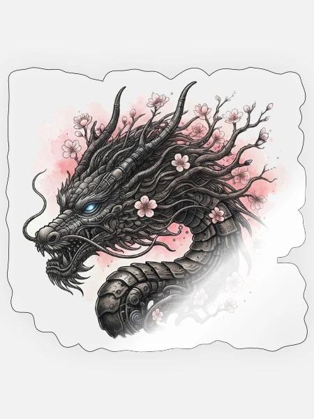 Blühender Mechanischer Drache - Sticker Größe S (10 x 10 cm) - Transparent glänzend