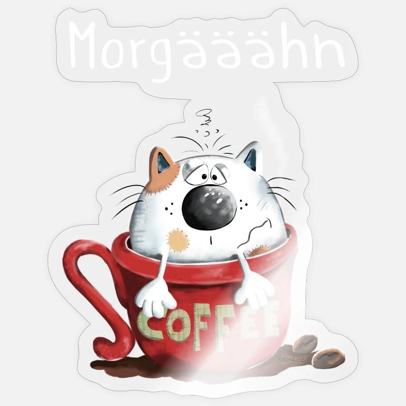 Morgähn Kaffee - Katze - Comic - Sticker Größe S (10 x 10 cm) - Transparent glänzend