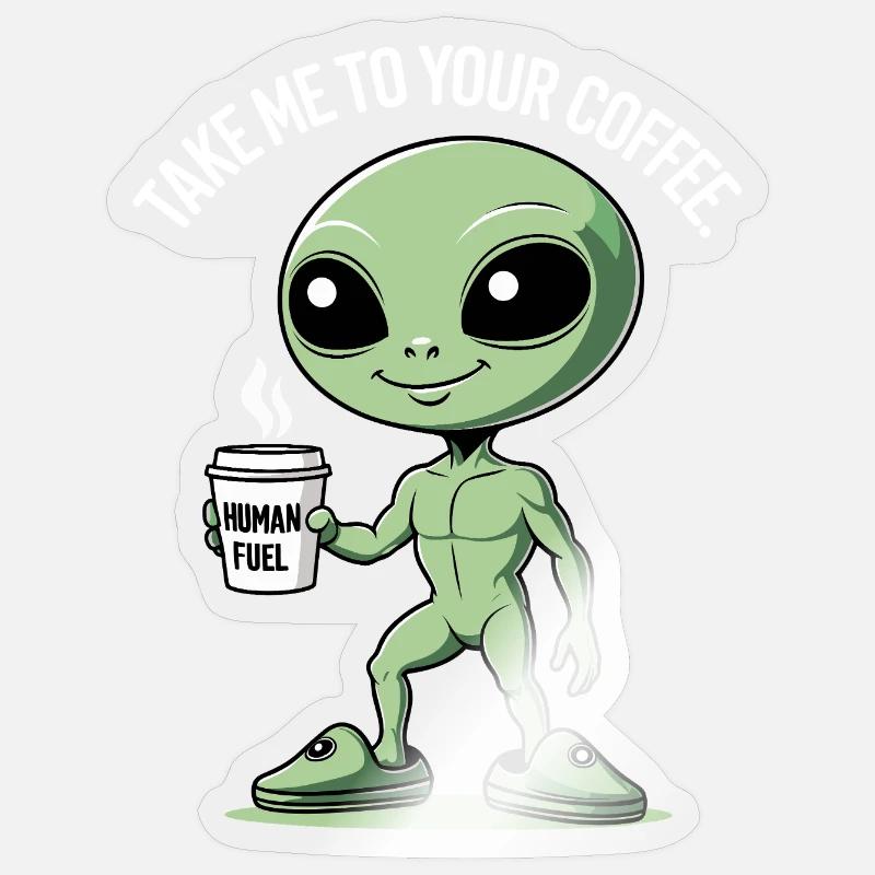 Alien with coffee mug Sticker size S (10 x 10 cm)