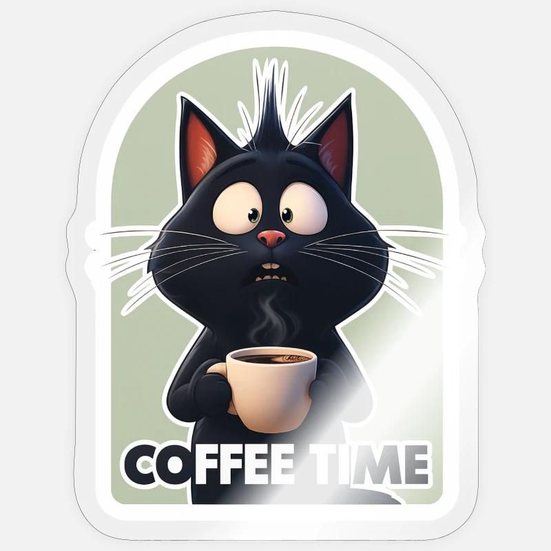 Cat with coffee text - Sticker size S (10 x 10 cm) - transparent glossy