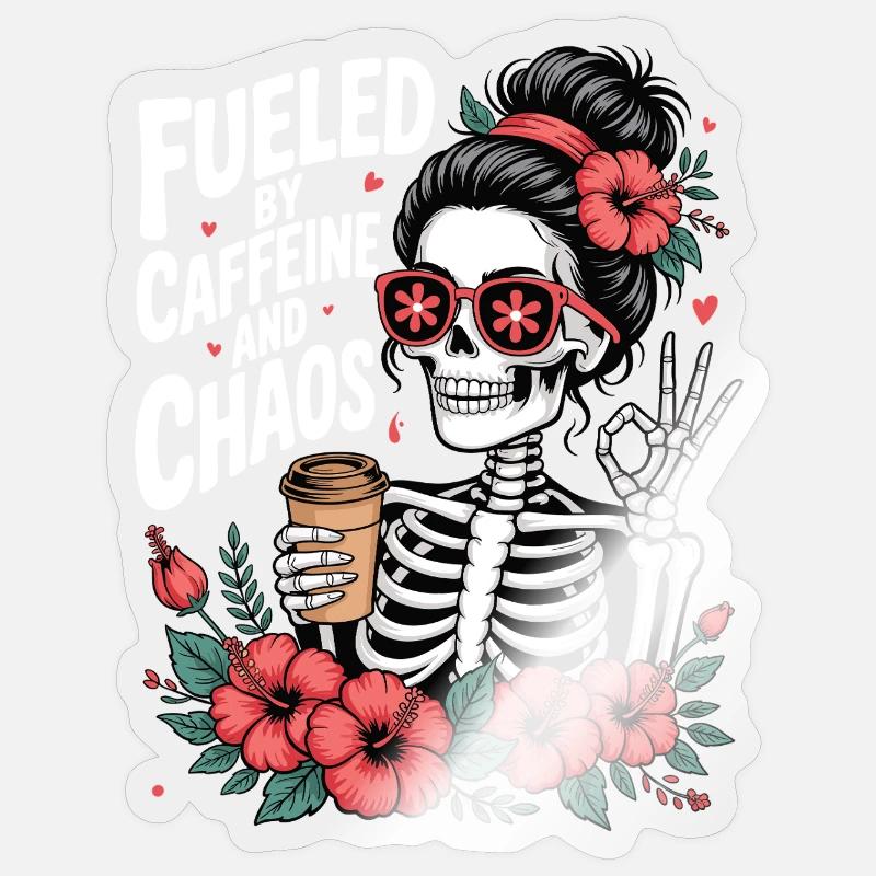 Mère Caféine Maman Squelette Café - Sticker taille S (10 x 10 cm) - brillant transparent