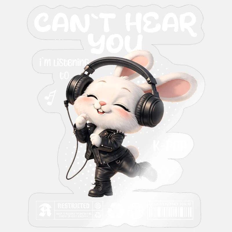 Un lapin K-Pop avec des écouteurs - Sticker taille S (10 x 10 cm) - brillant transparent