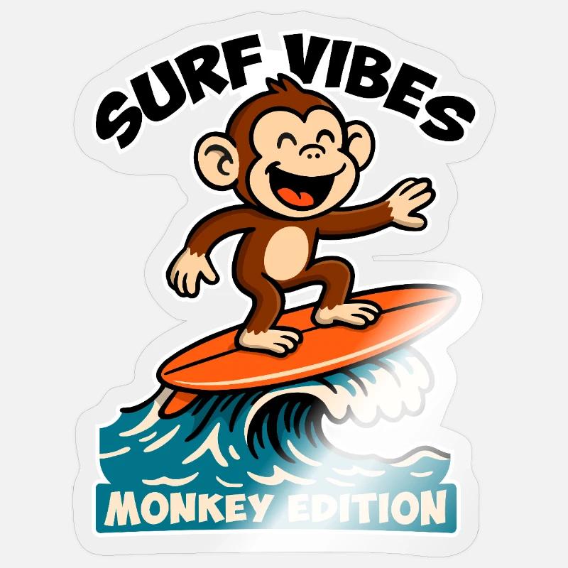 Surf Vibes, Monkey Edition. Glücklicher Surfaffe - Sticker Größe S (10 x 10 cm) - Transparent glänzend