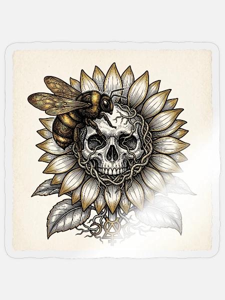 Hummel-Schädel-Sonnenblume - Sticker Größe S (10 x 10 cm) - Transparent glänzend