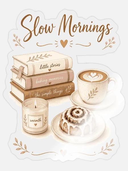 SlowMornings Kaffee & Bücher - Sticker Größe S (10 x 10 cm) - Transparent glänzend
