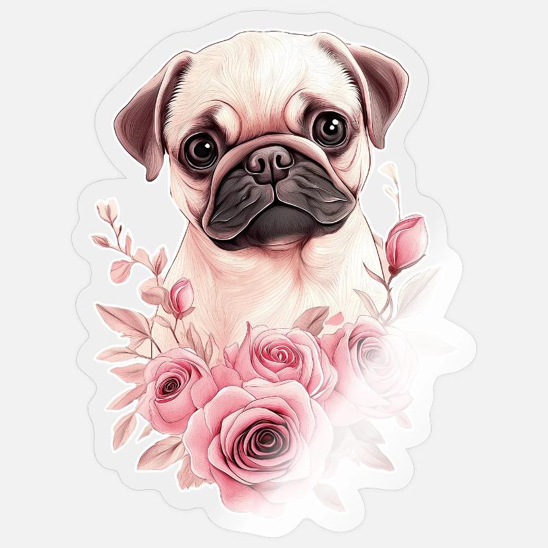 Mops mit Blumen Sticker Größe S (10 x 10 cm)