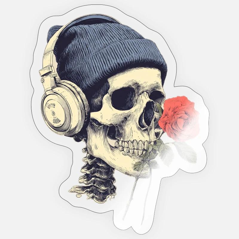 Crâne avec casque et rose Sticker taille S (10 x 10 cm)