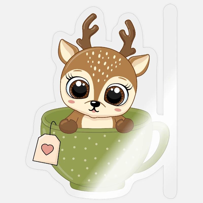 Rehkitz im Teebecher Lustig Wald Tee trinker Sticker Größe S (10 x 10 cm)