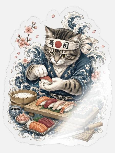 Lustige Katze als Japanischer Sushi Meisterkoch - Sticker Größe S (10 x 10 cm) - Transparent glänzend