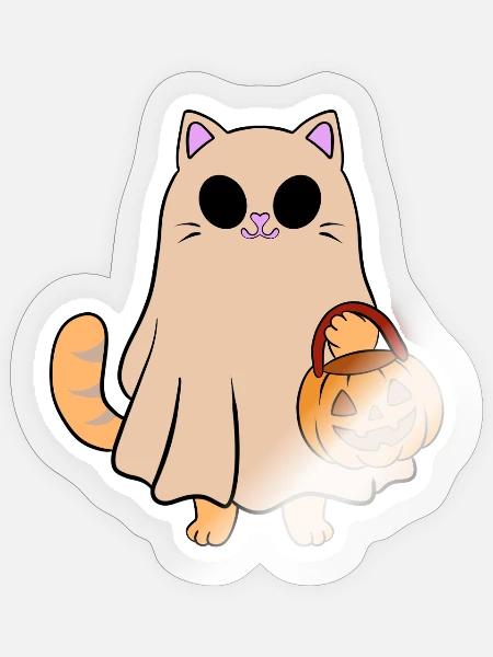 Katzengeist mit Halloweenkürbis - Sticker Größe S (10 x 10 cm) - Transparent glänzend