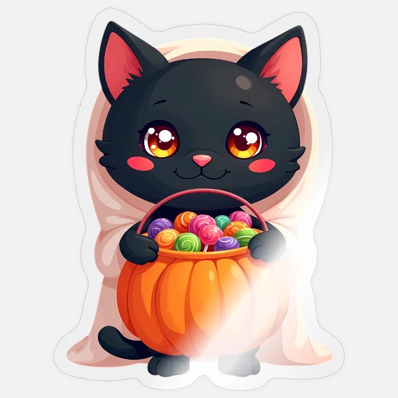 Chat d’Halloween avec citrouille d’Halloween - Sticker taille S (10 x 10 cm) - brillant transparent