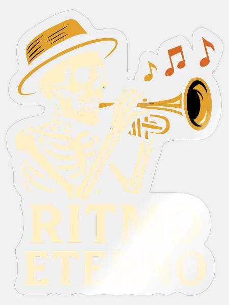 Ritmo Eterno: Jazz-/Latin-Trompeter-Skelett - Sticker Größe S (10 x 10 cm) - Transparent glänzend