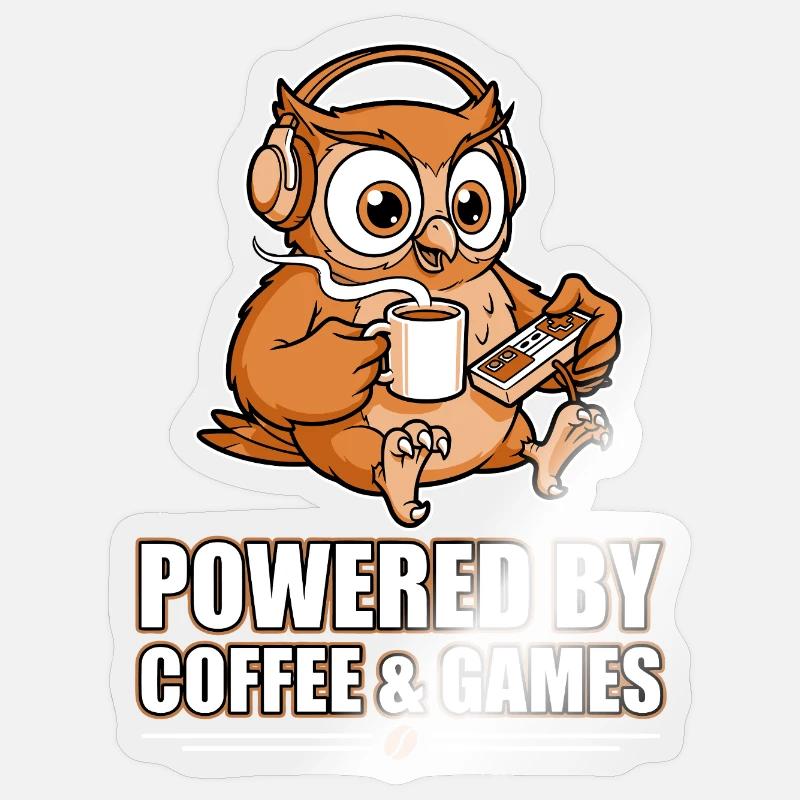 Eule mit Kaffee und Games - Sticker Größe S (10 x 10 cm) - Transparent glänzend