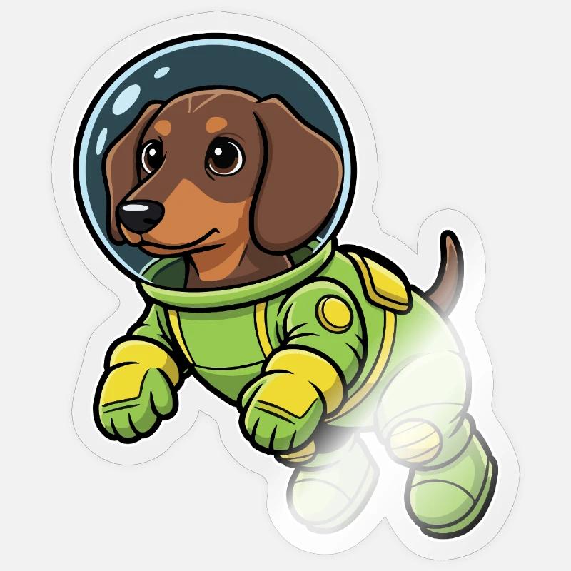 Chien Teckel Astronaute Espace Vert - Sticker taille S (10 x 10 cm) - brillant transparent