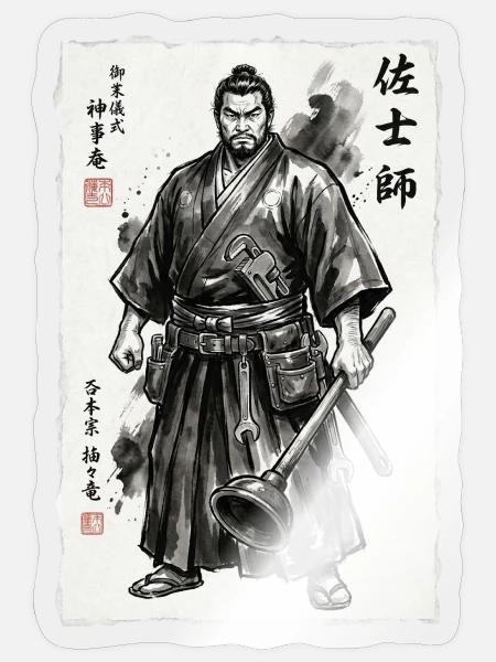 Samurai Handwerker Ukiyo-e Saugnapf Werkzeug - Sticker Größe S (10 x 10 cm) - Transparent glänzend