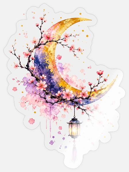 Mondsichel Sakura Laterne - Sticker Größe S (10 x 10 cm) - Transparent glänzend