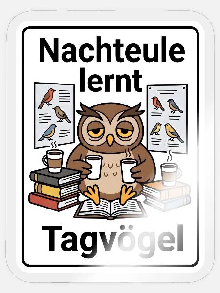 Eule Nachteule lernt Tagvögel - Student Geschenk - Sticker Größe S (10 x 10 cm) - Transparent glänzend