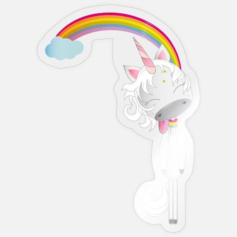 Einhorn hängt am Regenbogen - Sticker Größe S (10 x 10 cm) - Transparent glänzend