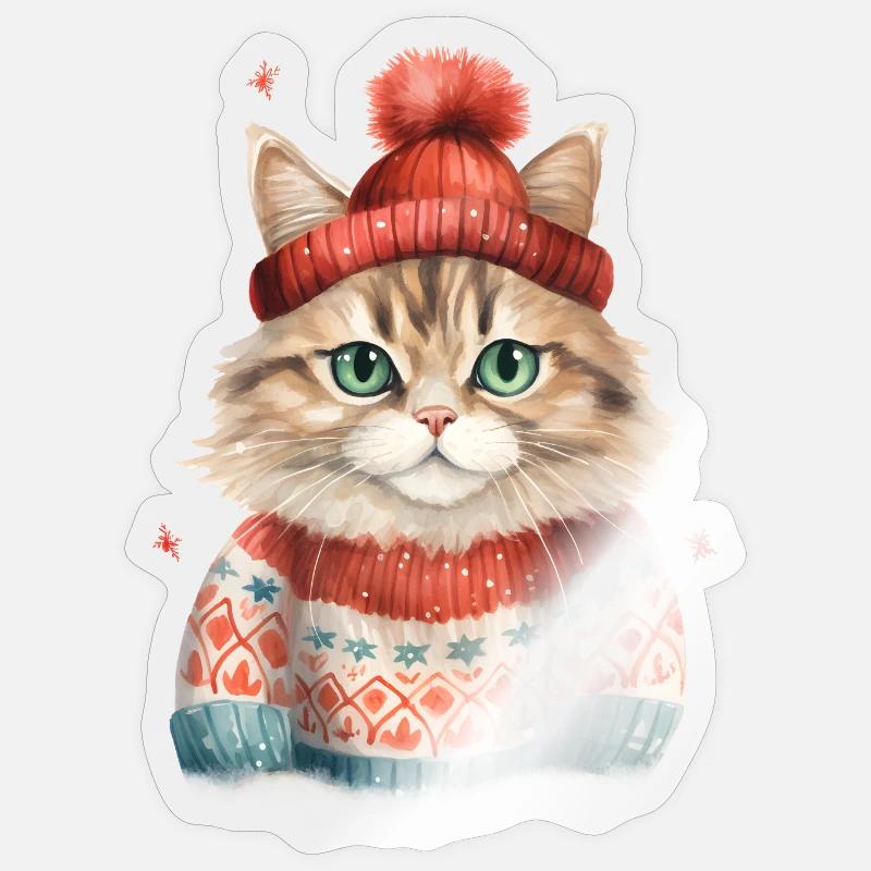 Winterkatze im Strickpullover Sticker Größe S (10 x 10 cm)