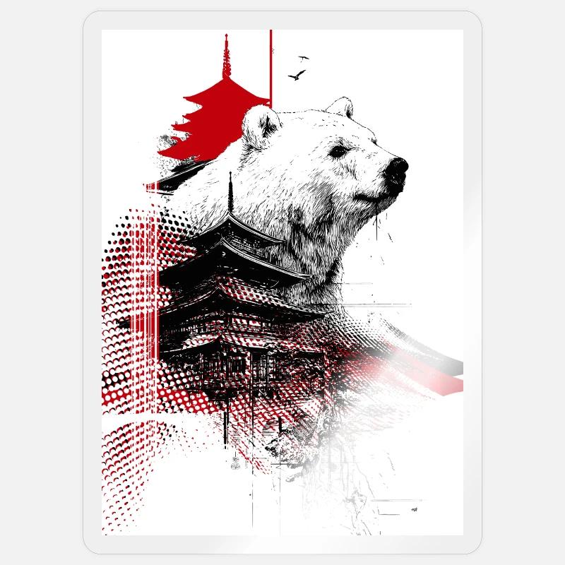 Ours et Pagodes en Gravure Rouge Sticker taille S (10 x 10 cm)