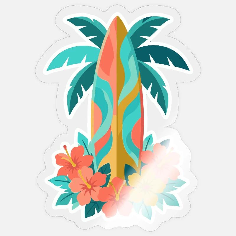 Floraison de l’hibiscus sur planche de surf tropicale - Sticker taille S (10 x 10 cm) - brillant transparent