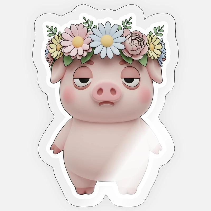 Genervtes Schwein mit Blumenkranz Statement - Sticker Größe S (10 x 10 cm) - Transparent glänzend