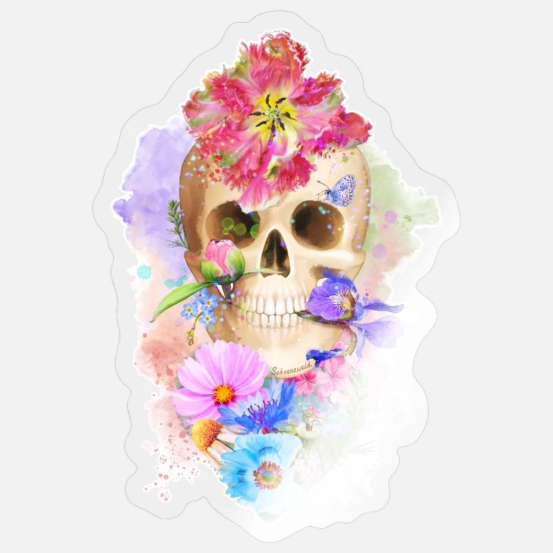 Farbenfroher Schädel mit Blumen Herz Sticker Größe S (10 x 10 cm)