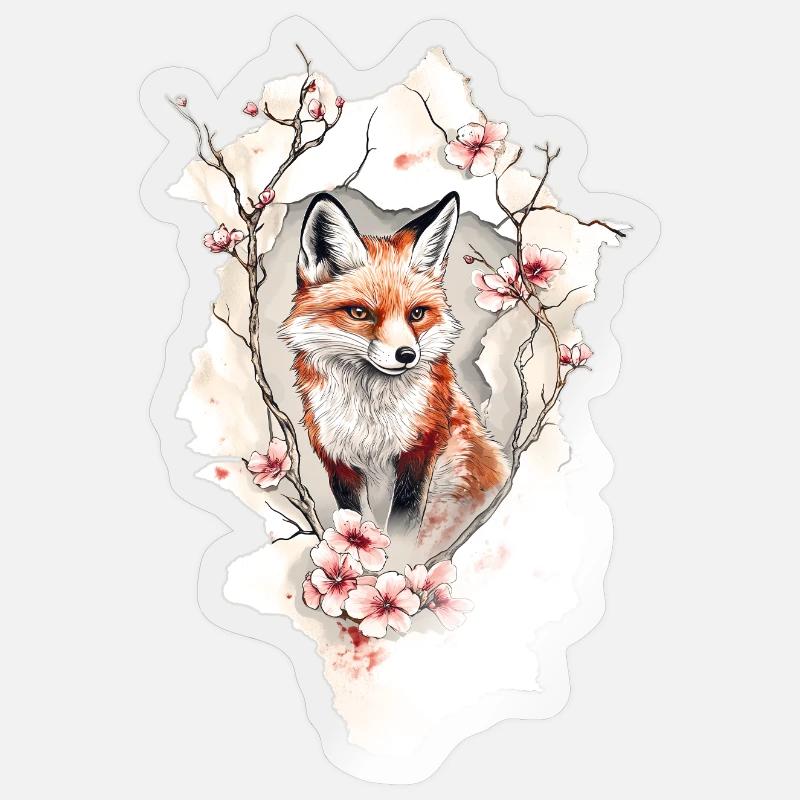 Fuchs Kirschblüten - Sticker Größe S (10 x 10 cm) - Transparent glänzend